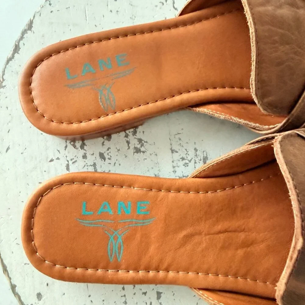 Lane Boots PONY UP Western Sandals Brown Leather Cowgirl Slip on Buckle Flats 10